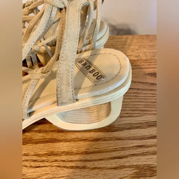 VTG y2k Bamboo Cut Out Heels Wrap Tie Sandal Wedge Wood Suede 7 2000 90s Chunk - Picture 8 of 12